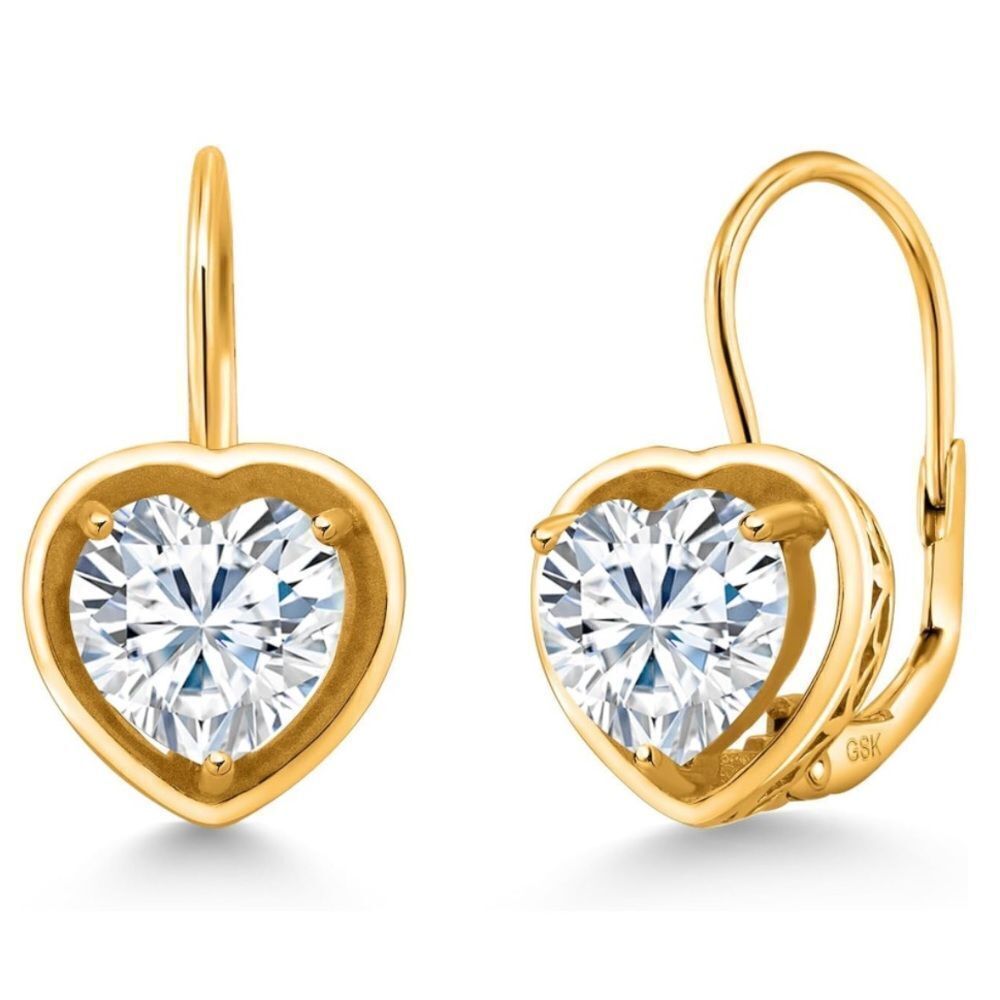 18K Yellow Gold 925 with 2.60 Cttw 7MM Moissanite Heart Leverback Drop Earrings